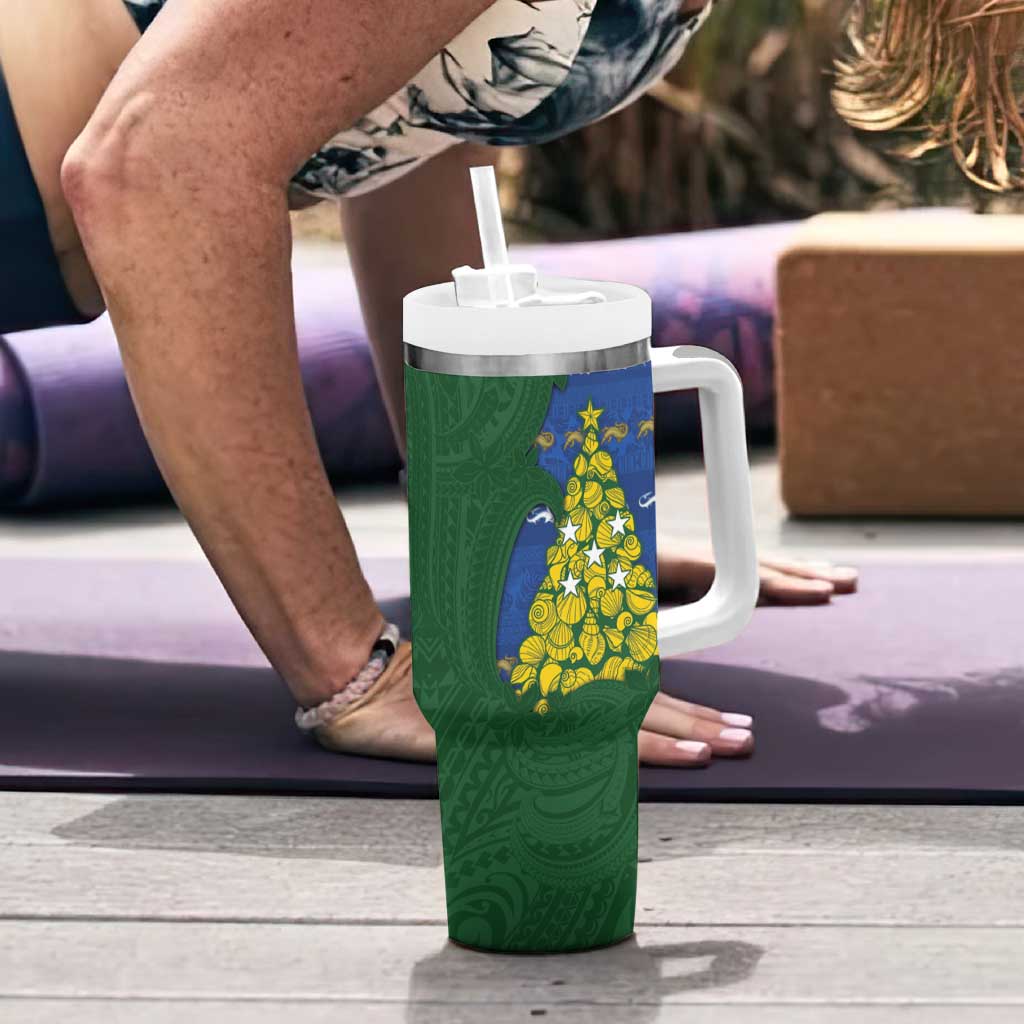 Solomon Islands Christmas Tumbler With Handle Seashell Xmas Tree Tribal Waves - Polynesian Pride
