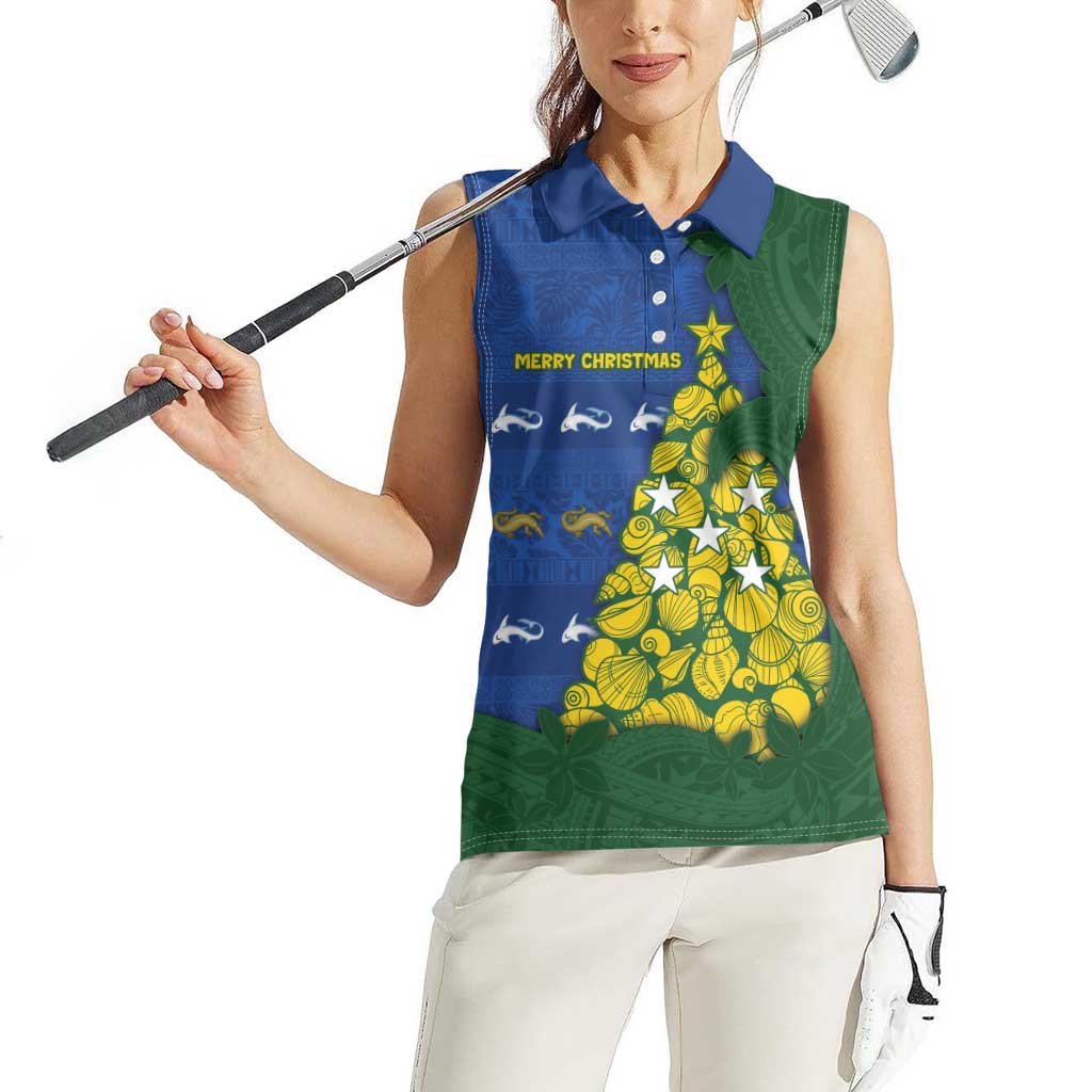 Solomon Islands Christmas Women Sleeveless Polo Shirt Seashell Xmas Tree Tribal Waves - Polynesian Pride