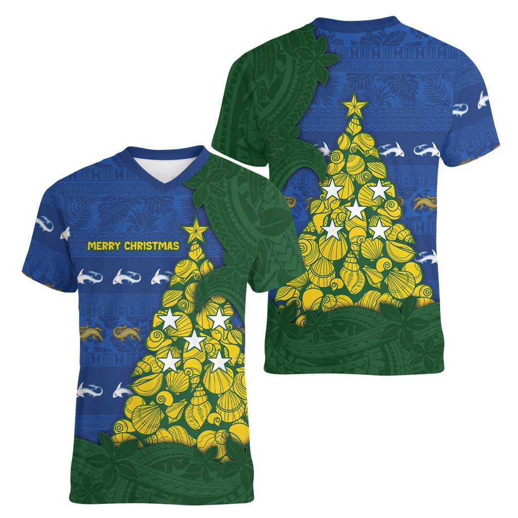 Solomon Islands Christmas Women V-Neck T-Shirt Seashell Xmas Tree Tribal Waves - Polynesian Pride