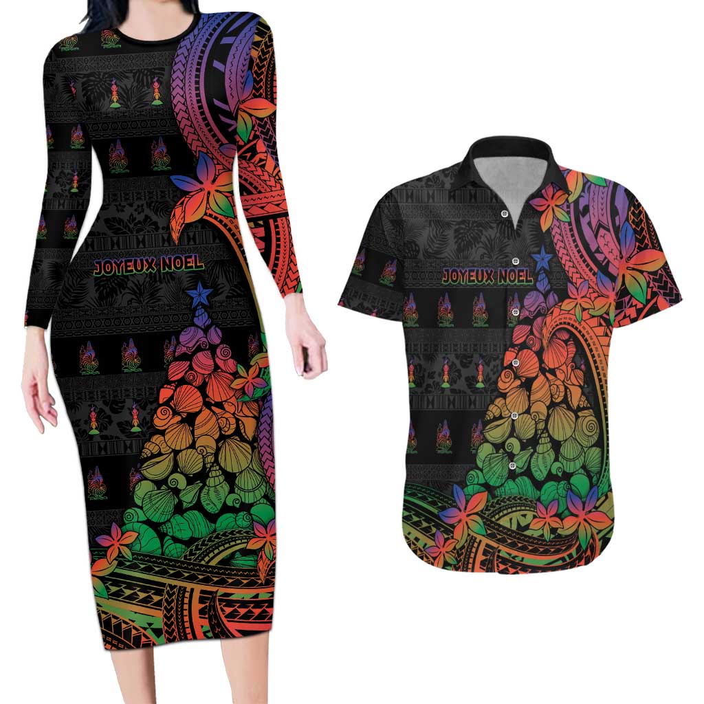 New Caledonia Christmas Couples Matching Long Sleeve Bodycon Dress and Hawaiian Shirt Seashell Xmas Tree Tribal Waves DT05 Black - Polynesian Pride