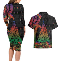 New Caledonia Christmas Couples Matching Long Sleeve Bodycon Dress and Hawaiian Shirt Seashell Xmas Tree Tribal Waves DT05 - Polynesian Pride