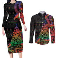 New Caledonia Christmas Couples Matching Long Sleeve Bodycon Dress and Long Sleeve Button Shirt Seashell Xmas Tree Tribal Waves DT05 Black - Polynesian Pride