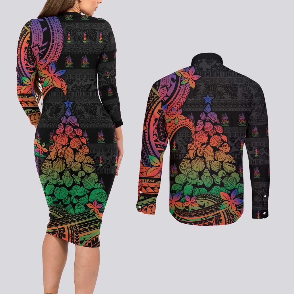 New Caledonia Christmas Couples Matching Long Sleeve Bodycon Dress and Long Sleeve Button Shirt Seashell Xmas Tree Tribal Waves DT05 - Polynesian Pride