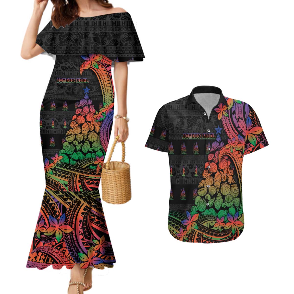 New Caledonia Christmas Couples Matching Mermaid Dress and Hawaiian Shirt Seashell Xmas Tree Tribal Waves DT05 Black - Polynesian Pride