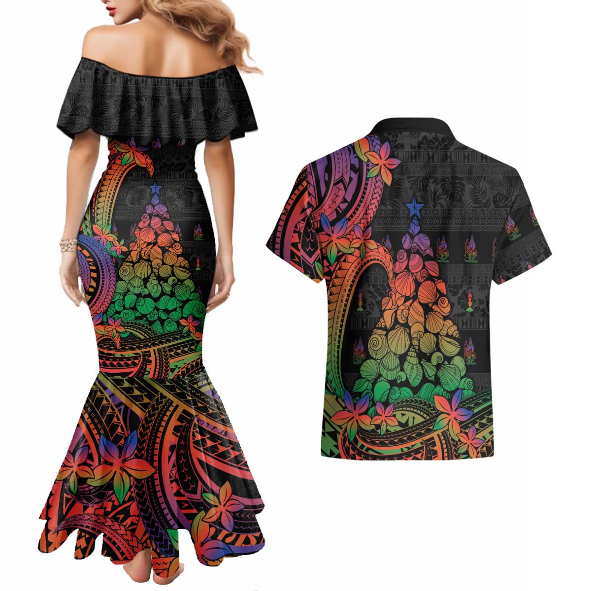 New Caledonia Christmas Couples Matching Mermaid Dress and Hawaiian Shirt Seashell Xmas Tree Tribal Waves DT05 - Polynesian Pride