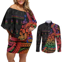 New Caledonia Christmas Couples Matching Off Shoulder Short Dress and Long Sleeve Button Shirt Seashell Xmas Tree Tribal Waves DT05 Black - Polynesian Pride