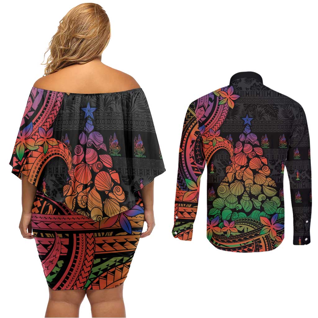 New Caledonia Christmas Couples Matching Off Shoulder Short Dress and Long Sleeve Button Shirt Seashell Xmas Tree Tribal Waves DT05 - Polynesian Pride