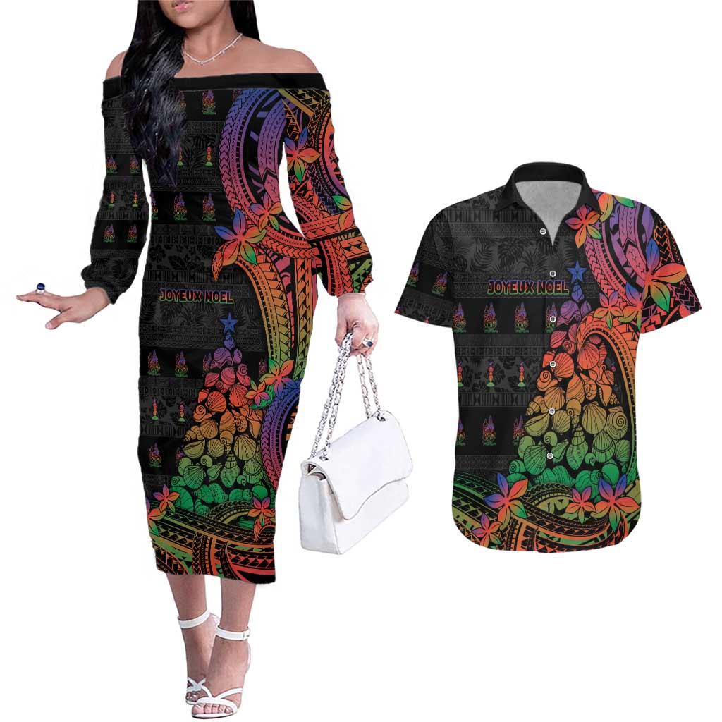 New Caledonia Christmas Couples Matching Off The Shoulder Long Sleeve Dress and Hawaiian Shirt Seashell Xmas Tree Tribal Waves DT05 Black - Polynesian Pride