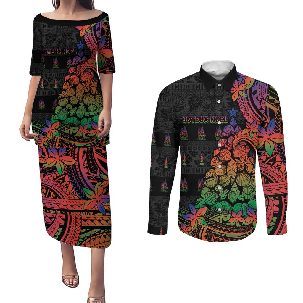 New Caledonia Christmas Couples Matching Puletasi and Long Sleeve Button Shirt Seashell Xmas Tree Tribal Waves - Polynesian Pride
