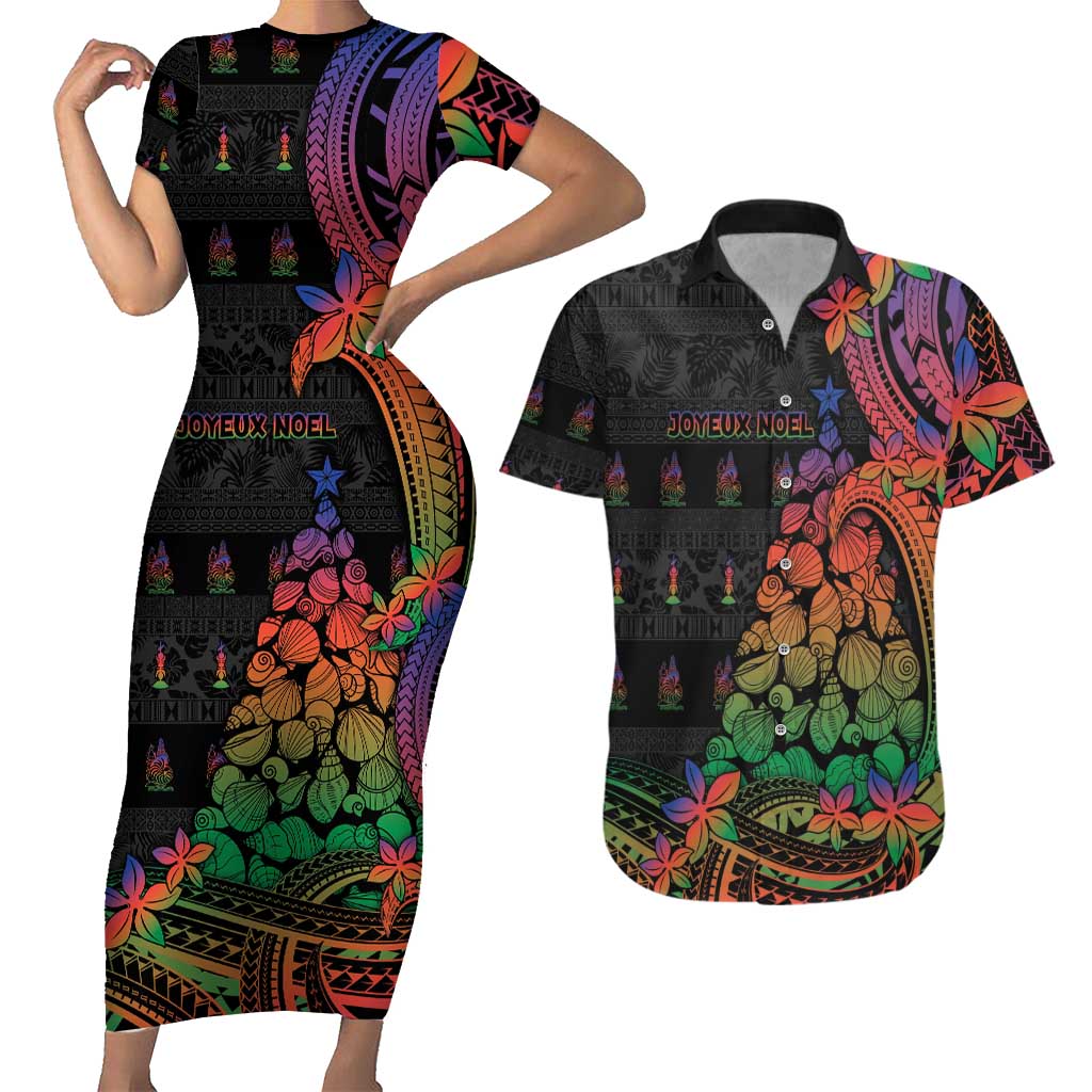 New Caledonia Christmas Couples Matching Short Sleeve Bodycon Dress and Hawaiian Shirt Seashell Xmas Tree Tribal Waves DT05 Black - Polynesian Pride