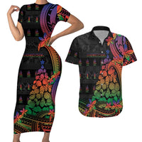 New Caledonia Christmas Couples Matching Short Sleeve Bodycon Dress and Hawaiian Shirt Seashell Xmas Tree Tribal Waves DT05 Black - Polynesian Pride