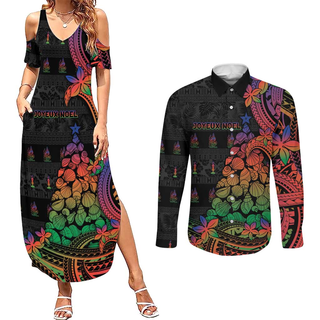 New Caledonia Christmas Couples Matching Summer Maxi Dress and Long Sleeve Button Shirt Seashell Xmas Tree Tribal Waves - Polynesian Pride