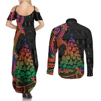 New Caledonia Christmas Couples Matching Summer Maxi Dress and Long Sleeve Button Shirt Seashell Xmas Tree Tribal Waves - Polynesian Pride