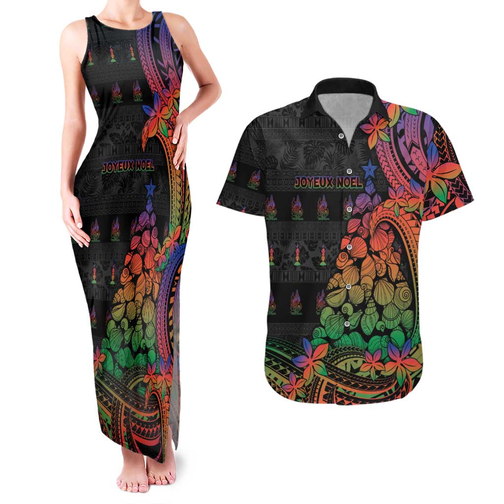 New Caledonia Christmas Couples Matching Tank Maxi Dress and Hawaiian Shirt Seashell Xmas Tree Tribal Waves DT05 Black - Polynesian Pride