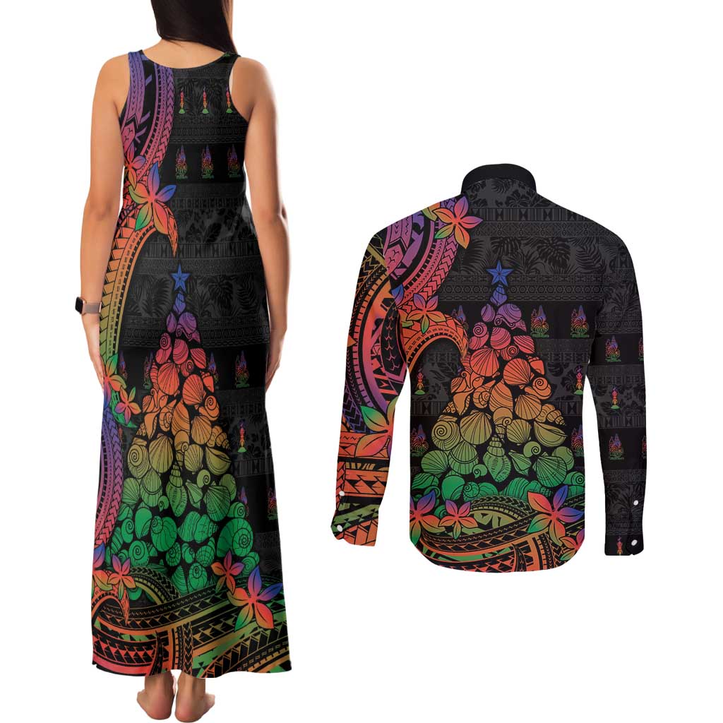 New Caledonia Christmas Couples Matching Tank Maxi Dress and Long Sleeve Button Shirt Seashell Xmas Tree Tribal Waves DT05 - Polynesian Pride