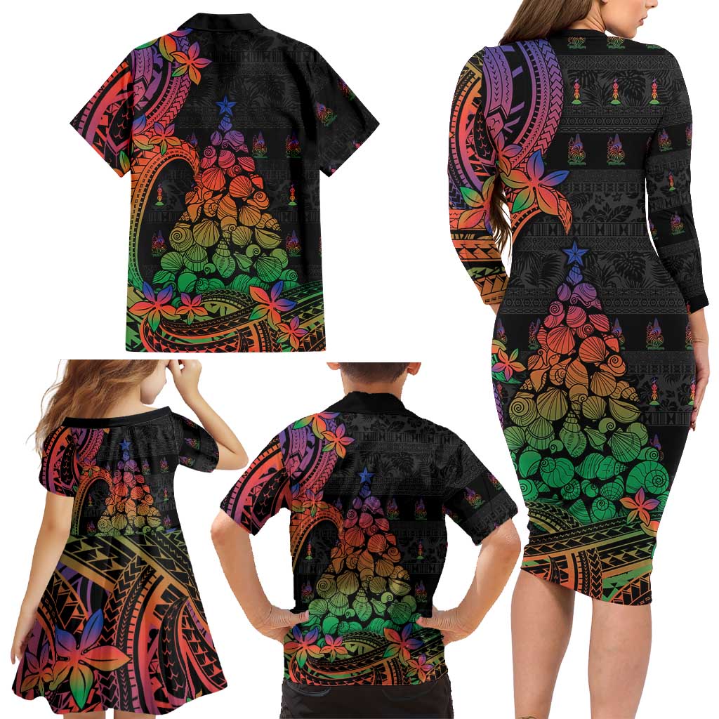 New Caledonia Christmas Family Matching Long Sleeve Bodycon Dress and Hawaiian Shirt Seashell Xmas Tree Tribal Waves DT05 - Polynesian Pride