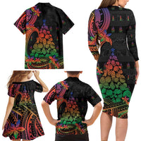 New Caledonia Christmas Family Matching Long Sleeve Bodycon Dress and Hawaiian Shirt Seashell Xmas Tree Tribal Waves DT05 - Polynesian Pride