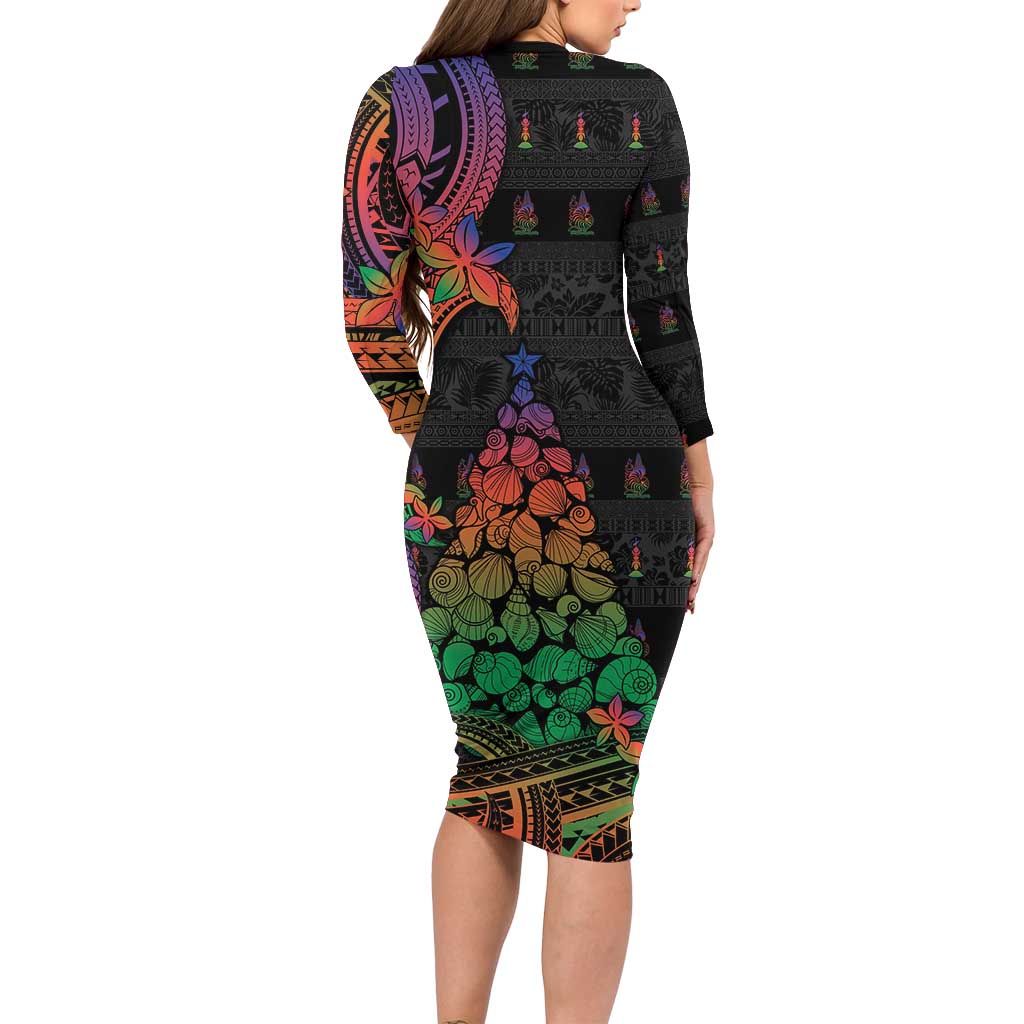 New Caledonia Christmas Family Matching Long Sleeve Bodycon Dress and Hawaiian Shirt Seashell Xmas Tree Tribal Waves DT05 - Polynesian Pride