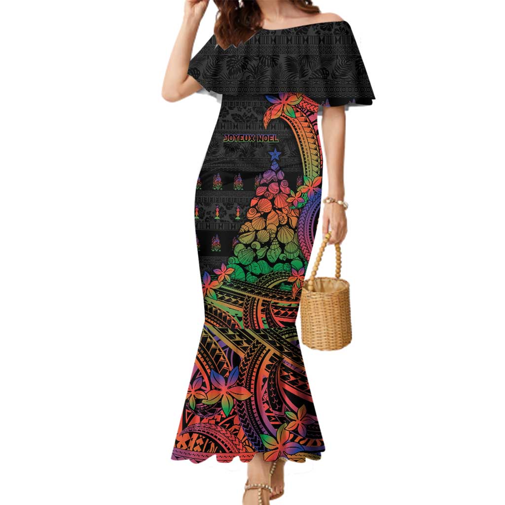 New Caledonia Christmas Family Matching Mermaid Dress and Hawaiian Shirt Seashell Xmas Tree Tribal Waves DT05 Mom's Dress Black - Polynesian Pride