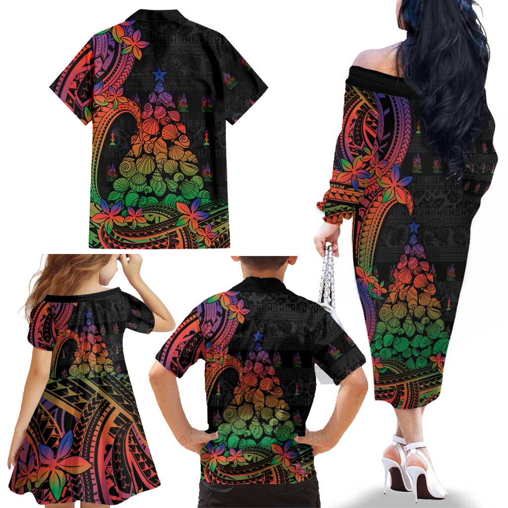 New Caledonia Christmas Family Matching Off The Shoulder Long Sleeve Dress and Hawaiian Shirt Seashell Xmas Tree Tribal Waves DT05 - Polynesian Pride
