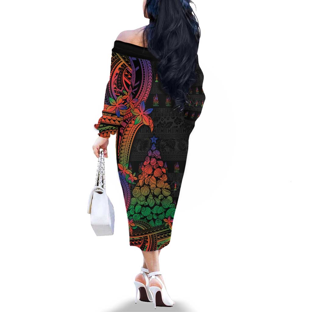 New Caledonia Christmas Family Matching Off The Shoulder Long Sleeve Dress and Hawaiian Shirt Seashell Xmas Tree Tribal Waves DT05 - Polynesian Pride