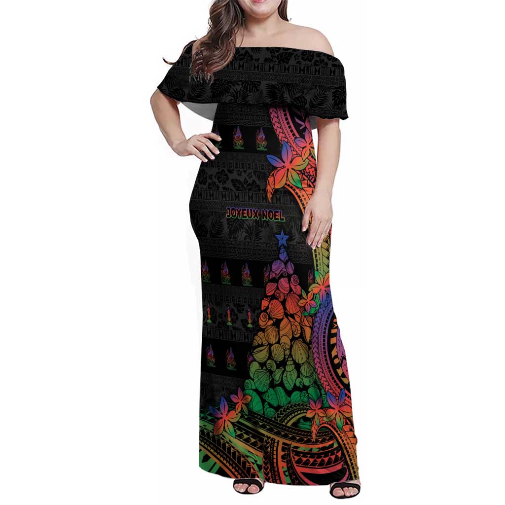 New Caledonia Christmas Family Matching Off Shoulder Maxi Dress and Hawaiian Shirt Seashell Xmas Tree Tribal Waves DT05 Mom's Dress Black - Polynesian Pride