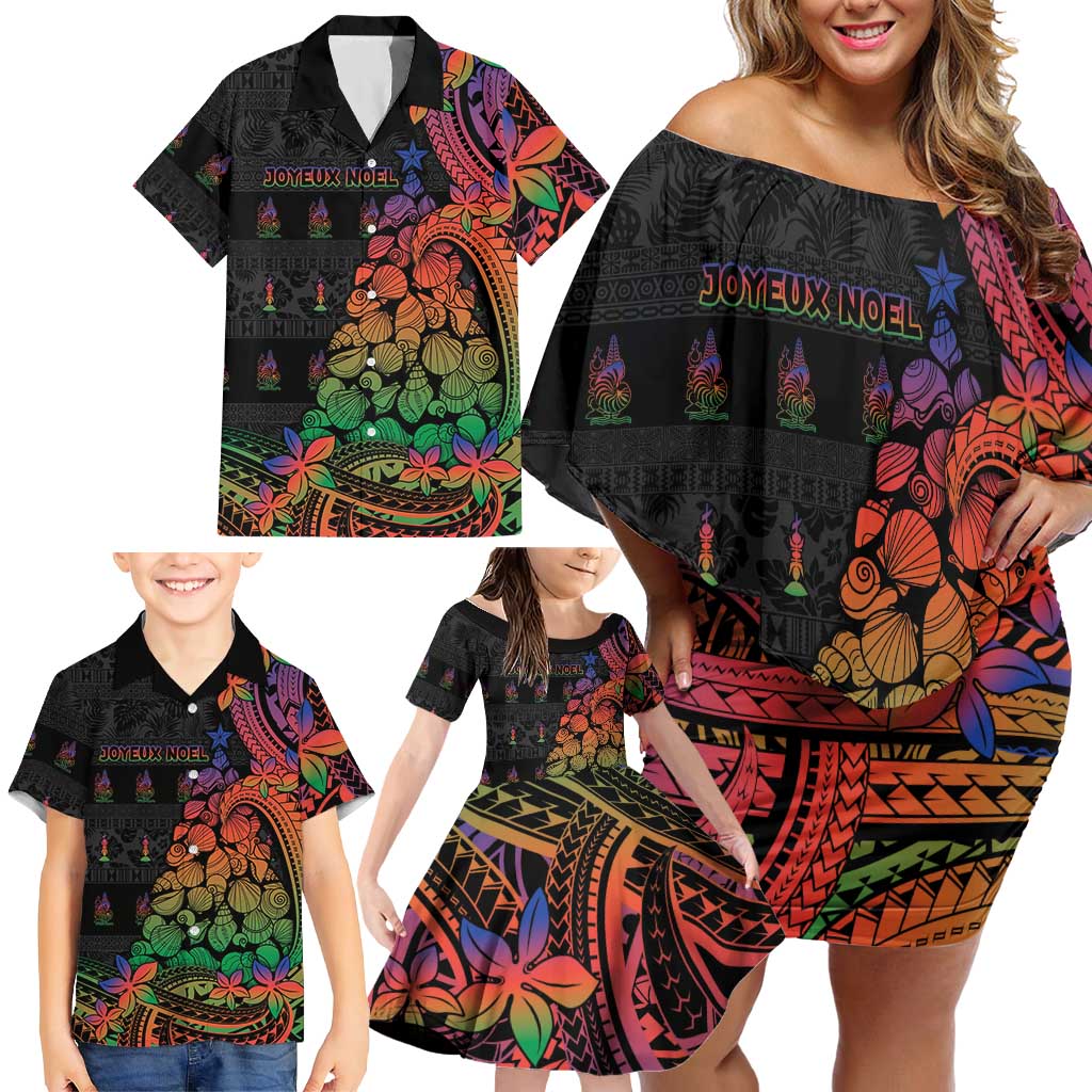New Caledonia Christmas Family Matching Off Shoulder Short Dress and Hawaiian Shirt Seashell Xmas Tree Tribal Waves - Polynesian Pride