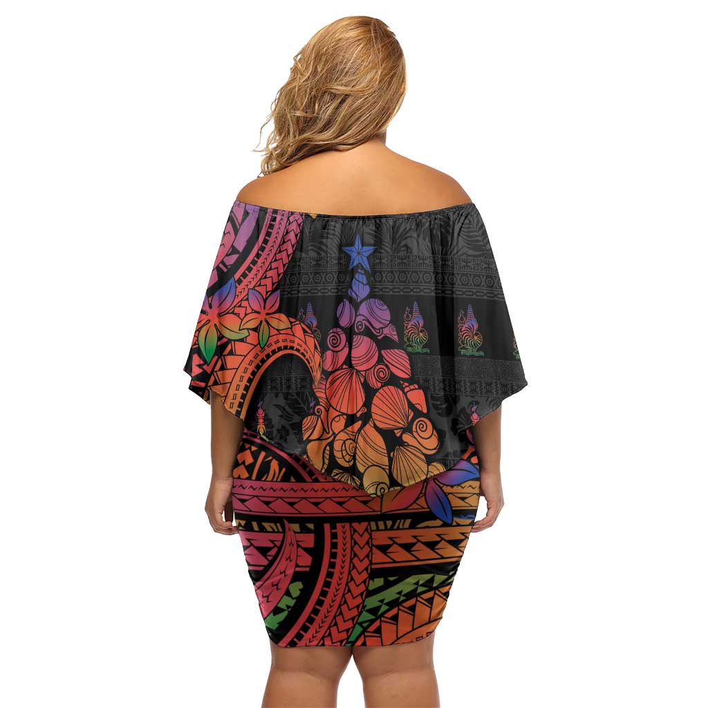 New Caledonia Christmas Family Matching Off Shoulder Short Dress and Hawaiian Shirt Seashell Xmas Tree Tribal Waves DT05 - Polynesian Pride