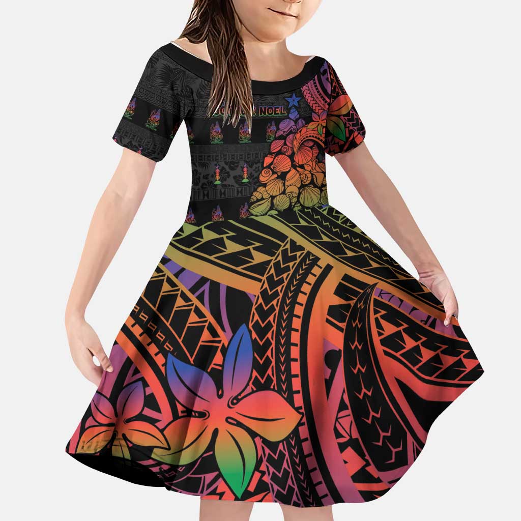New Caledonia Christmas Family Matching Puletasi and Hawaiian Shirt Seashell Xmas Tree Tribal Waves DT05 Daughter's Dress Black - Polynesian Pride