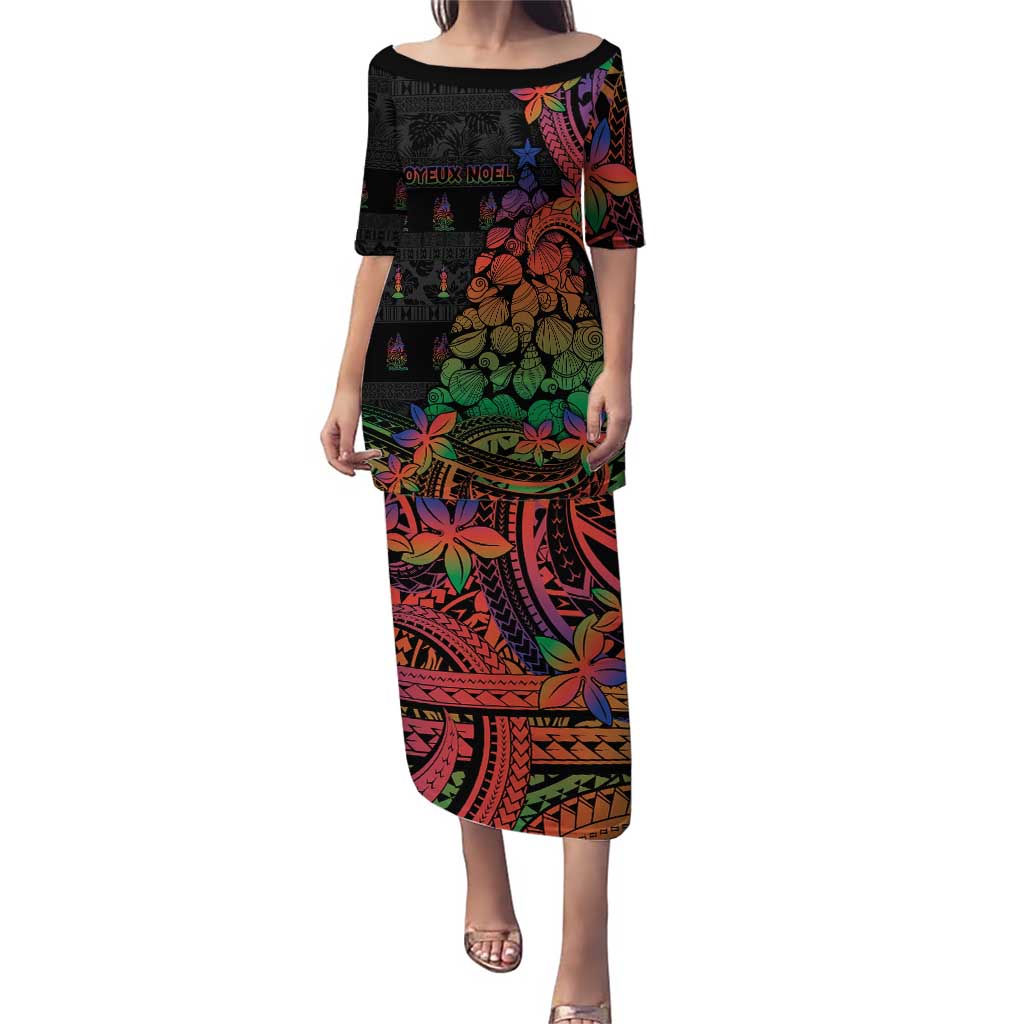 New Caledonia Christmas Family Matching Puletasi and Hawaiian Shirt Seashell Xmas Tree Tribal Waves DT05 Mom's Dress Black - Polynesian Pride