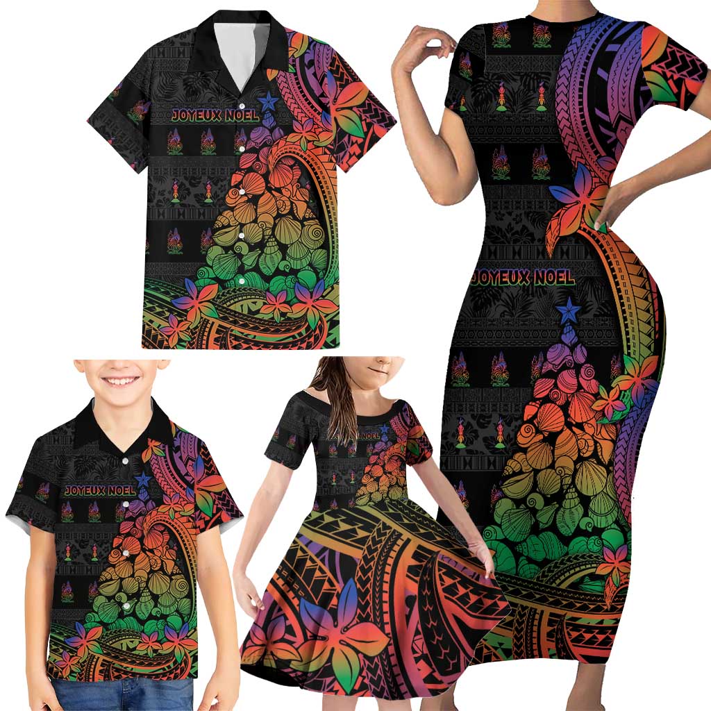 New Caledonia Christmas Family Matching Short Sleeve Bodycon Dress and Hawaiian Shirt Seashell Xmas Tree Tribal Waves - Polynesian Pride