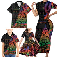 New Caledonia Christmas Family Matching Short Sleeve Bodycon Dress and Hawaiian Shirt Seashell Xmas Tree Tribal Waves DT05 - Polynesian Pride