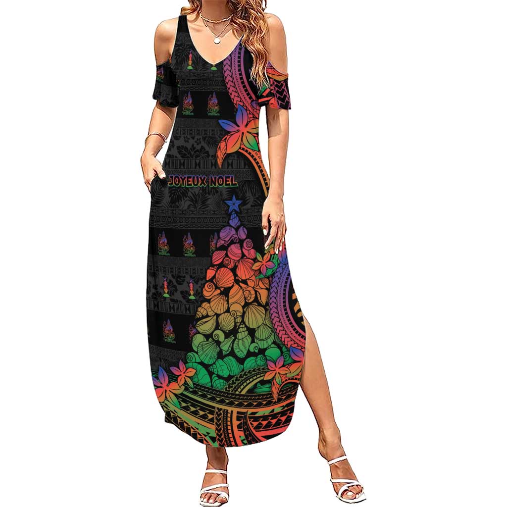 New Caledonia Christmas Family Matching Summer Maxi Dress and Hawaiian Shirt Seashell Xmas Tree Tribal Waves DT05 Mom's Dress Black - Polynesian Pride