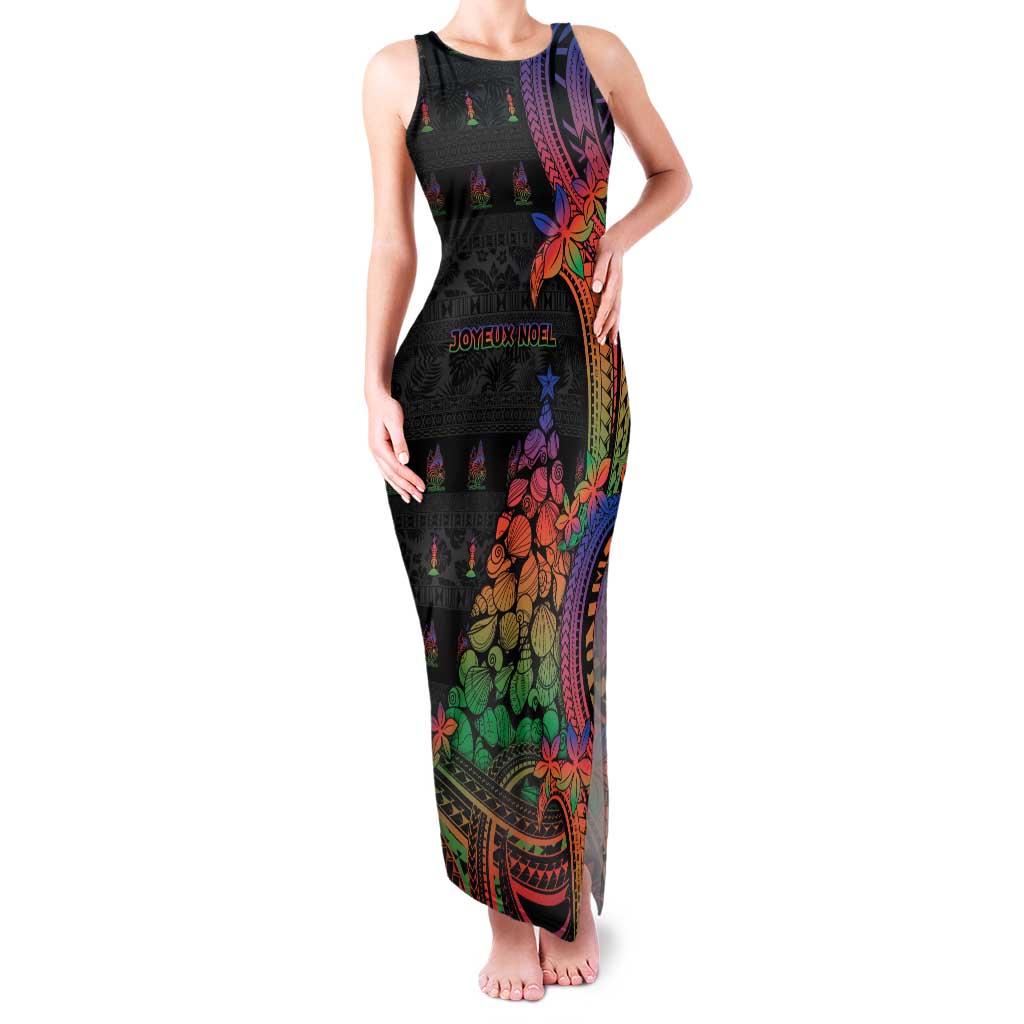 New Caledonia Christmas Family Matching Tank Maxi Dress and Hawaiian Shirt Seashell Xmas Tree Tribal Waves DT05 Mom's Dress Black - Polynesian Pride