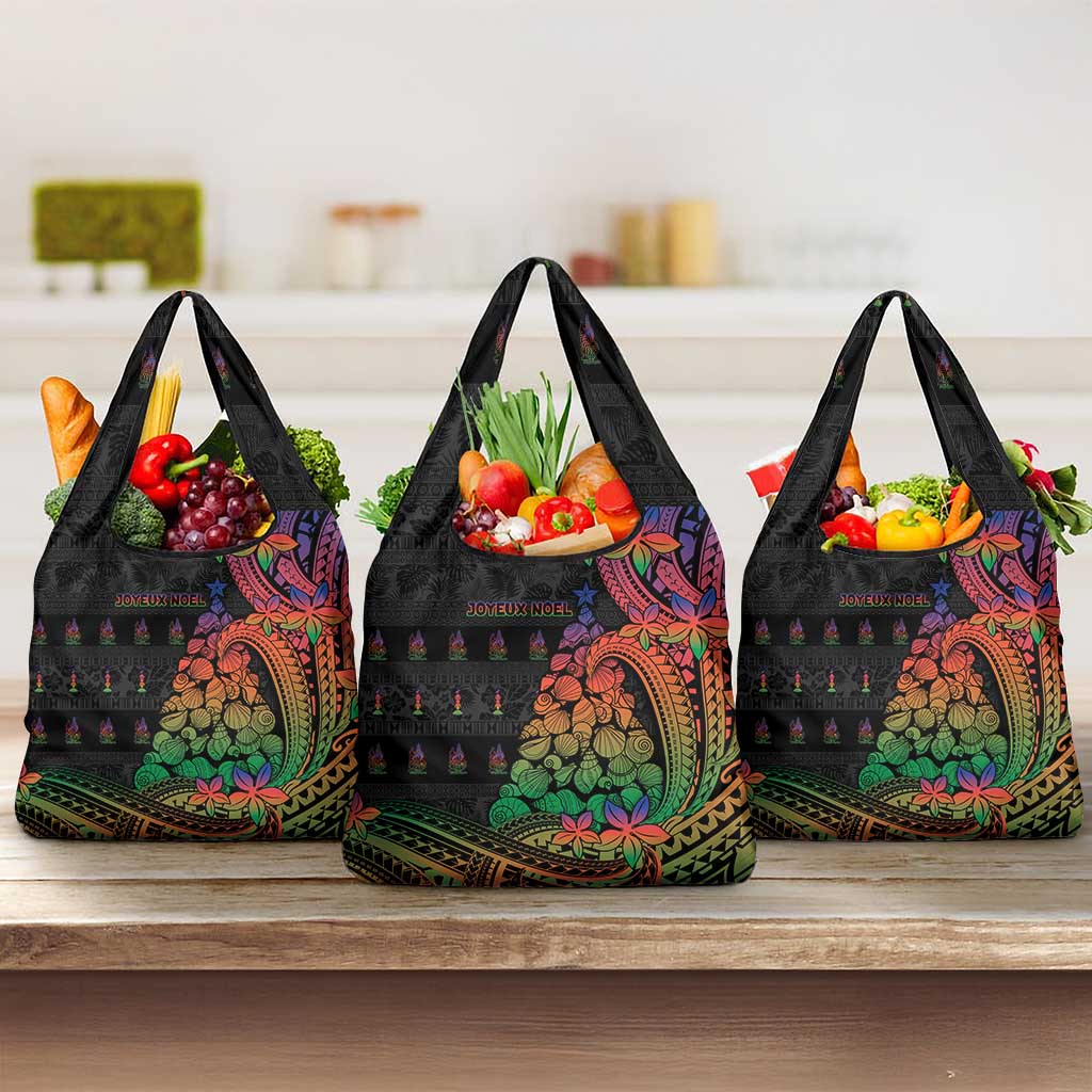 New Caledonia Christmas Grocery Bag Seashell Xmas Tree Tribal Waves DT05 3-pack One Size Black - Polynesian Pride