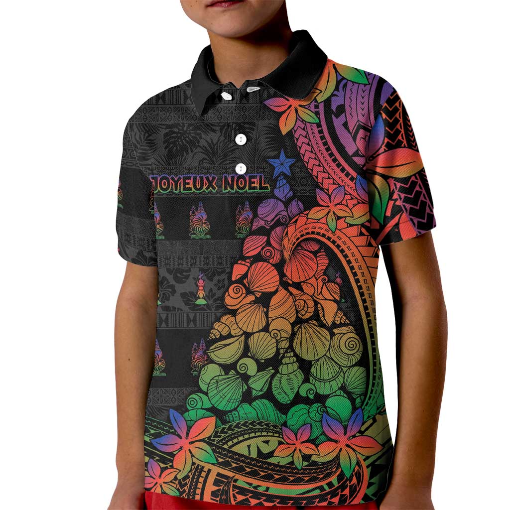 New Caledonia Christmas Kid Polo Shirt Seashell Xmas Tree Tribal Waves - Polynesian Pride