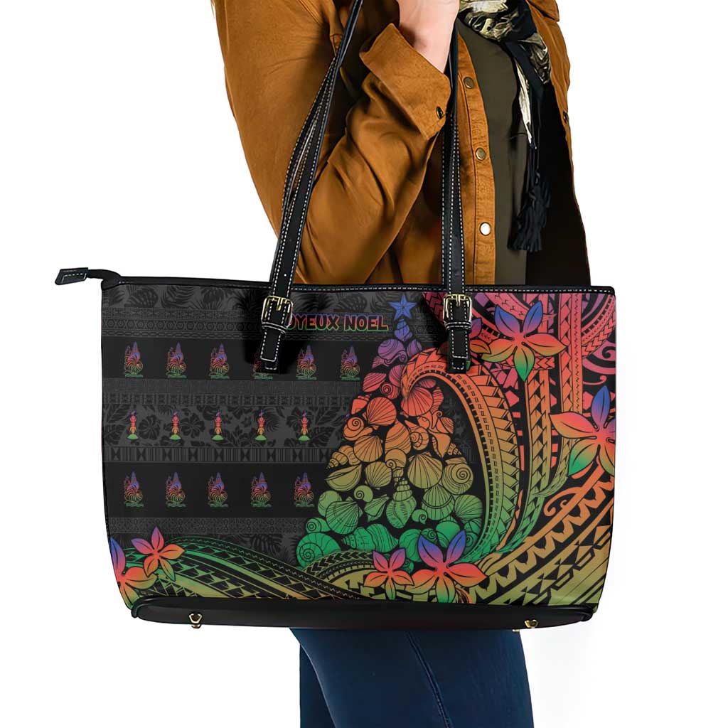 New Caledonia Christmas Leather Tote Bag Seashell Xmas Tree Tribal Waves - Polynesian Pride