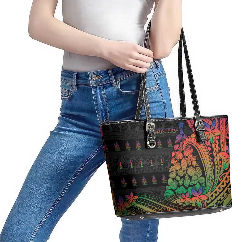 New Caledonia Christmas Leather Tote Bag Seashell Xmas Tree Tribal Waves - Polynesian Pride