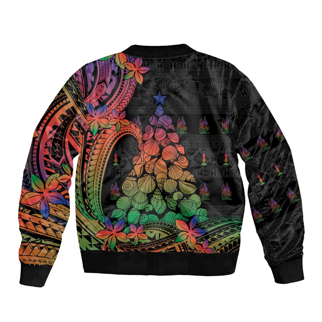 New Caledonia Christmas Sleeve Zip Bomber Jacket Seashell Xmas Tree Tribal Waves - Polynesian Pride