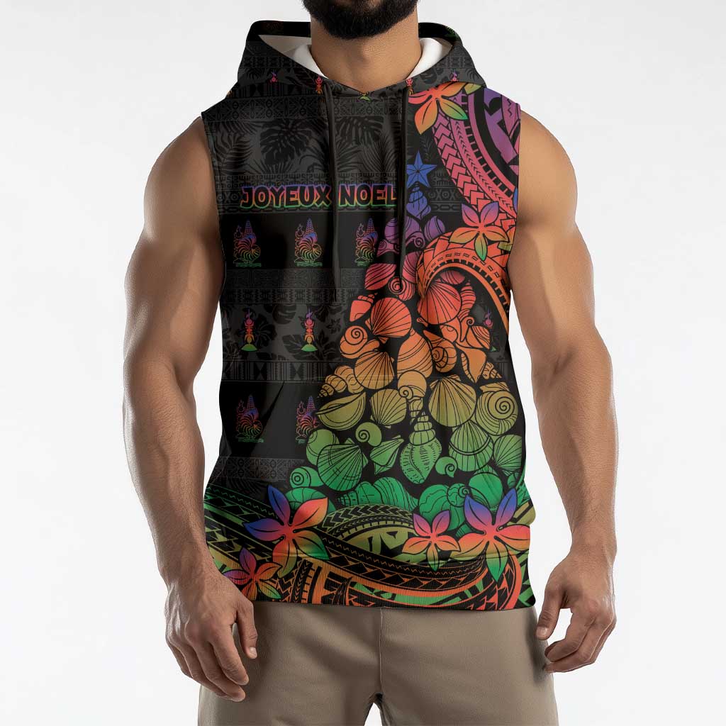 New Caledonia Christmas Sleeveless Hoodie Seashell Xmas Tree Tribal Waves - Polynesian Pride
