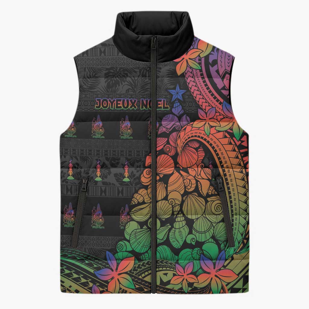 New Caledonia Christmas Sleeveless Puffer Jacket Seashell Xmas Tree Tribal Waves DT05 Unisex Black - Polynesian Pride