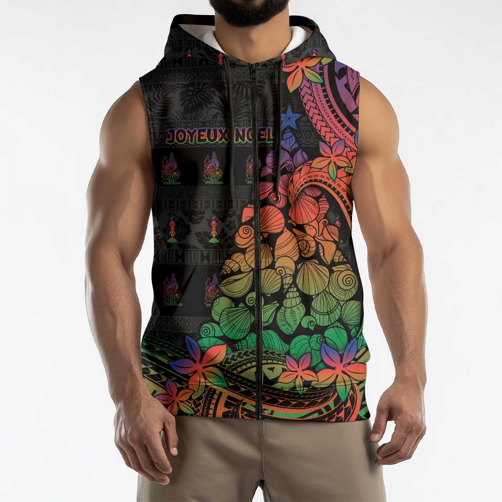 New Caledonia Christmas Sleeveless Zip Hoodie Seashell Xmas Tree Tribal Waves DT05 - Polynesian Pride
