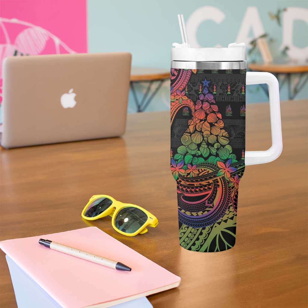 New Caledonia Christmas Tumbler With Handle Seashell Xmas Tree Tribal Waves - Polynesian Pride