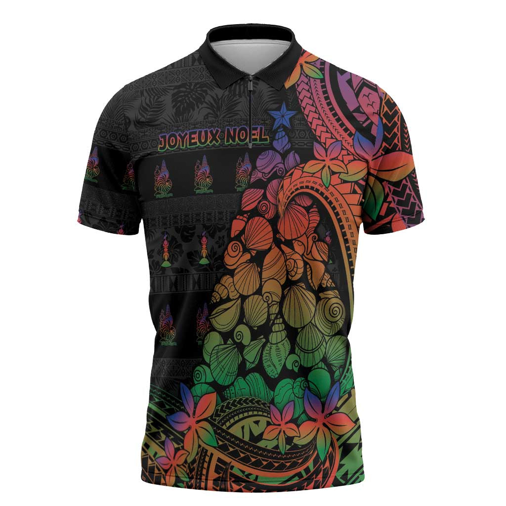 New Caledonia Christmas Zipper Polo Shirt Seashell Xmas Tree Tribal Waves - Polynesian Pride