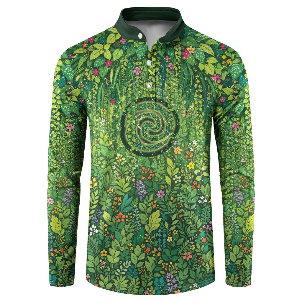 Polynesia Mother Nature Button Sweatshirt Glowing Heart Spiral Tropical Vine Floral