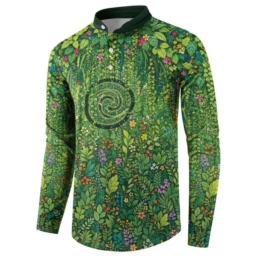 Polynesia Mother Nature Button Sweatshirt Glowing Heart Spiral Tropical Vine Floral