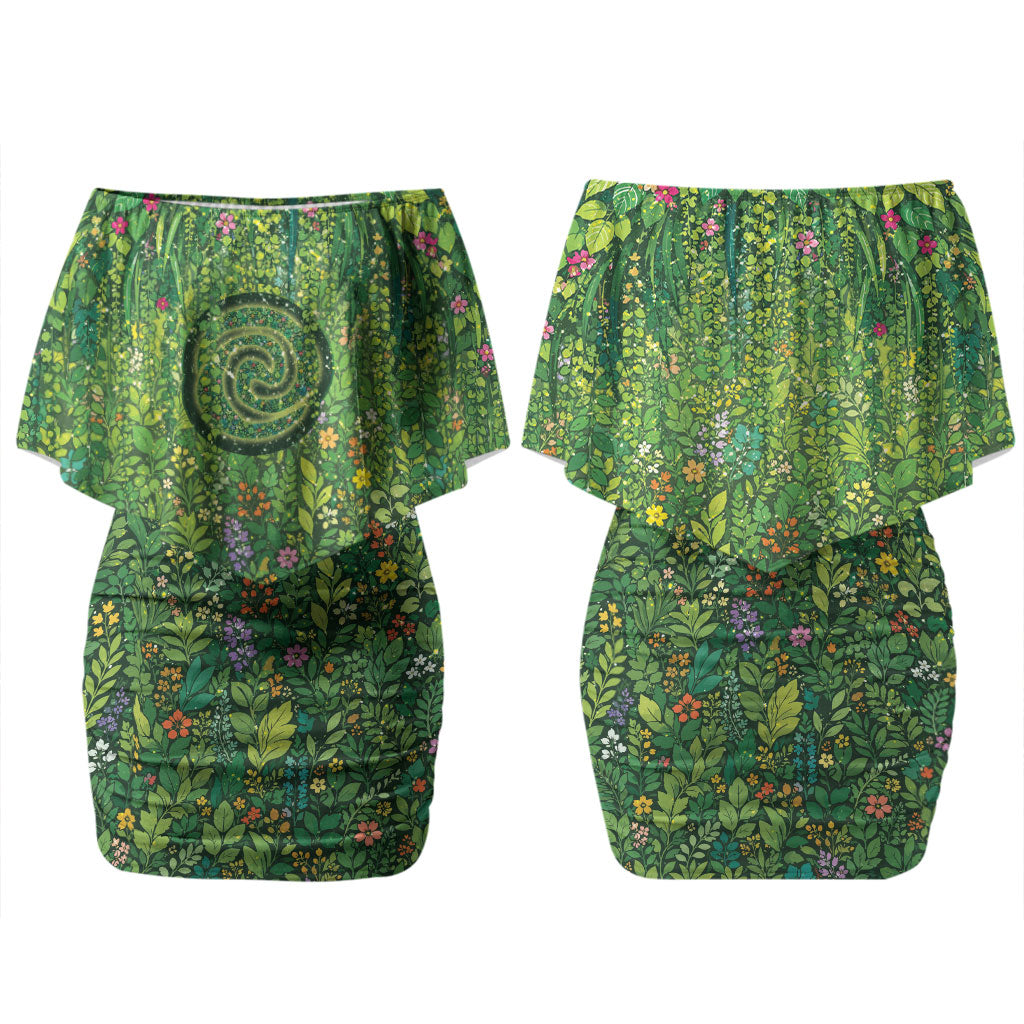 Polynesia Mother Nature Couples Matching Off Shoulder Short Dress and Hawaiian Shirt Glowing Heart Spiral Tropical Vine Floral
