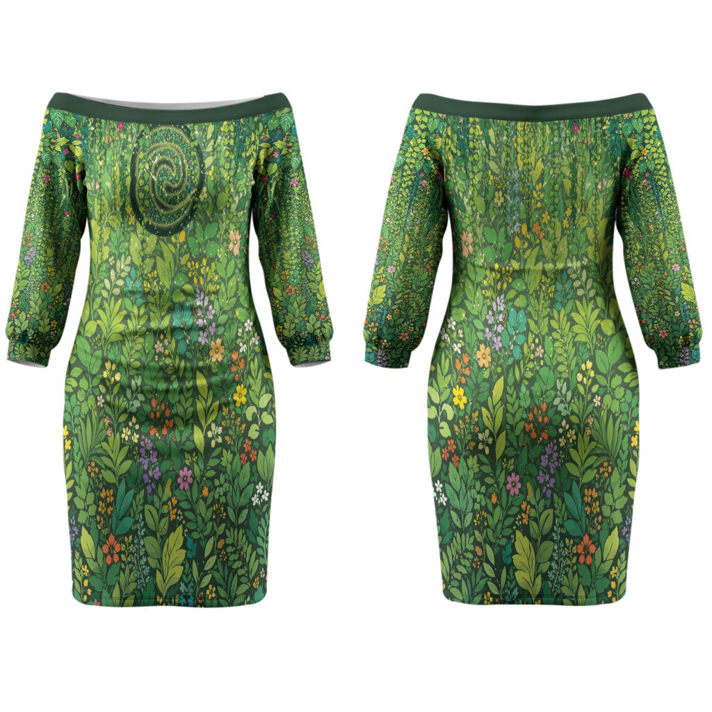 Polynesia Mother Nature Couples Matching Off The Shoulder Long Sleeve Dress and Long Sleeve Button Shirt Glowing Heart Spiral Tropical Vine Floral
