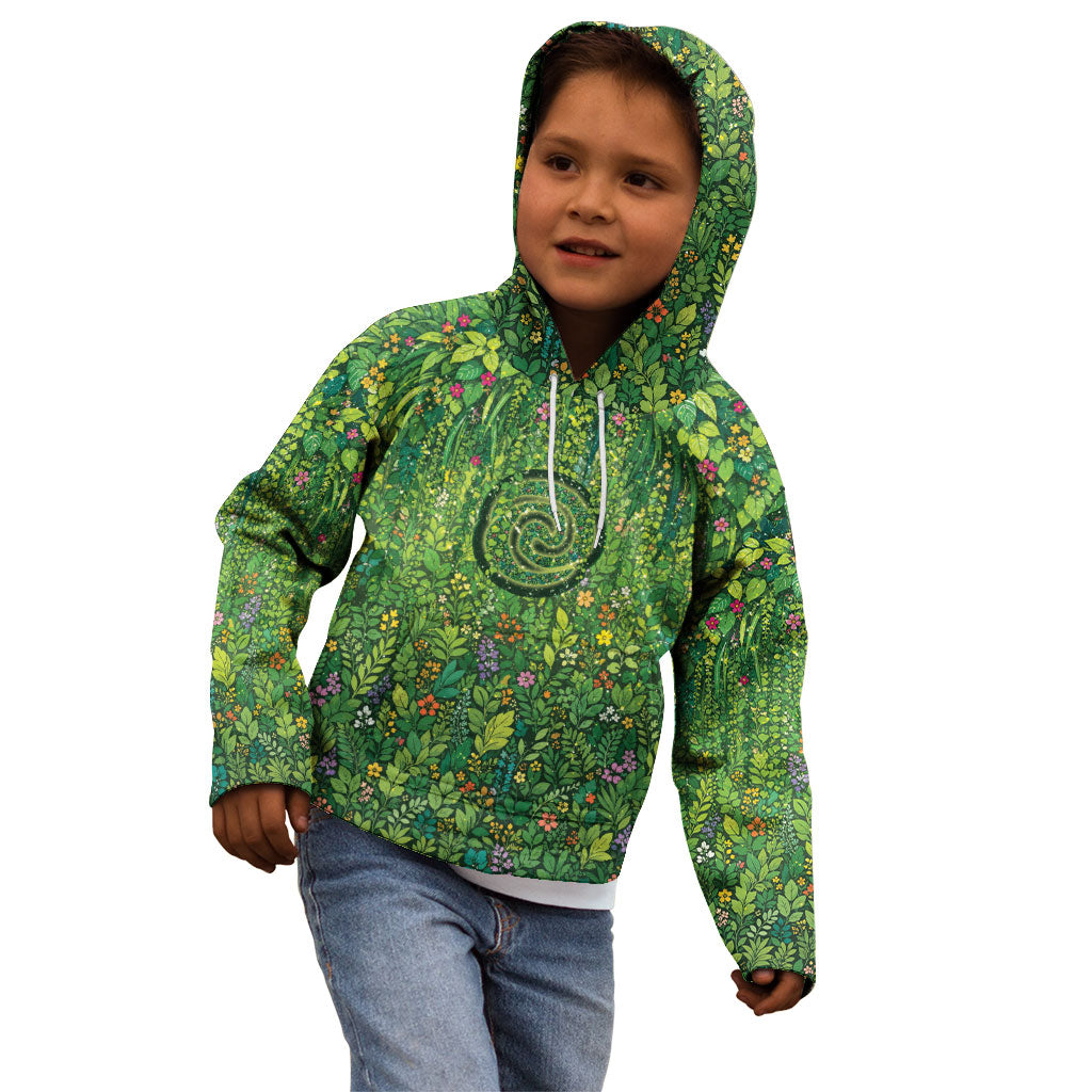 Polynesia Mother Nature Kid Hoodie Glowing Heart Spiral Tropical Vine Floral