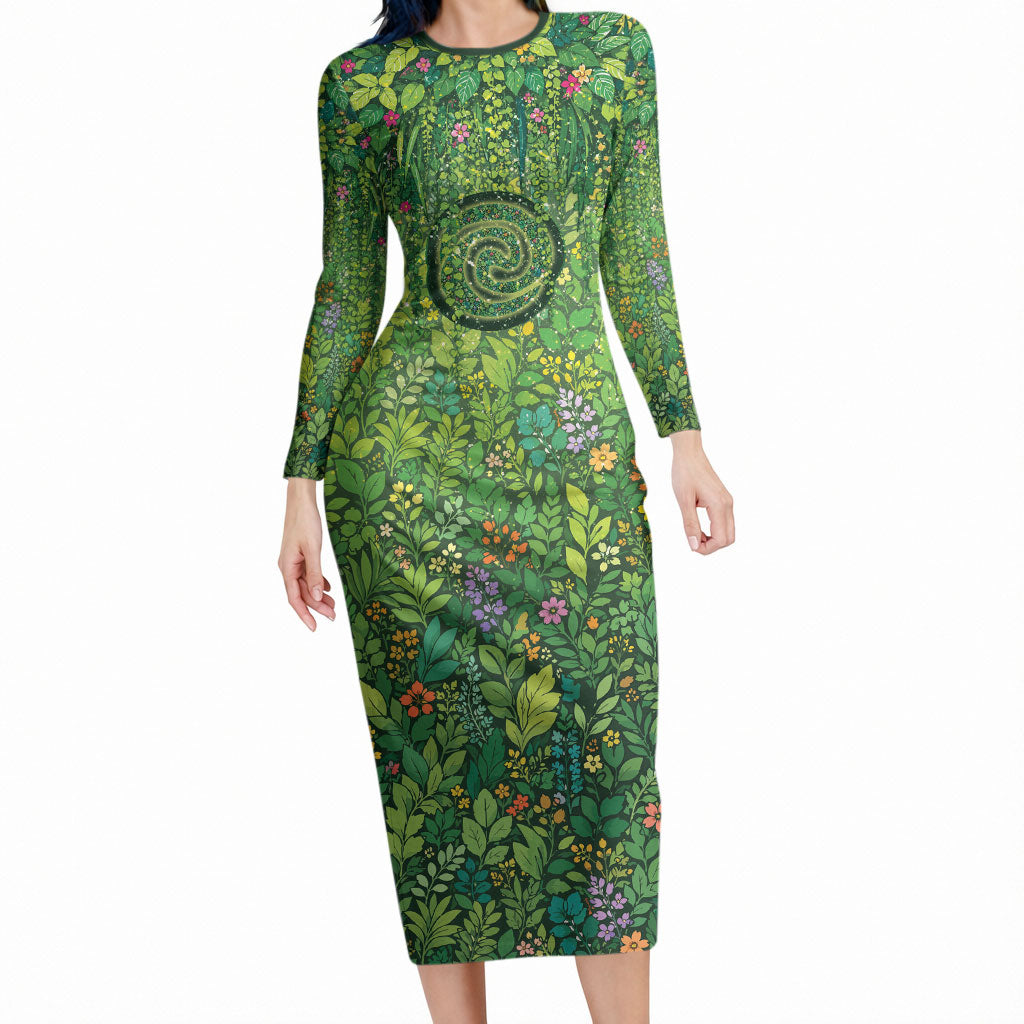 Polynesia Mother Nature Long Sleeve Bodycon Dress Glowing Heart Spiral Tropical Vine Floral
